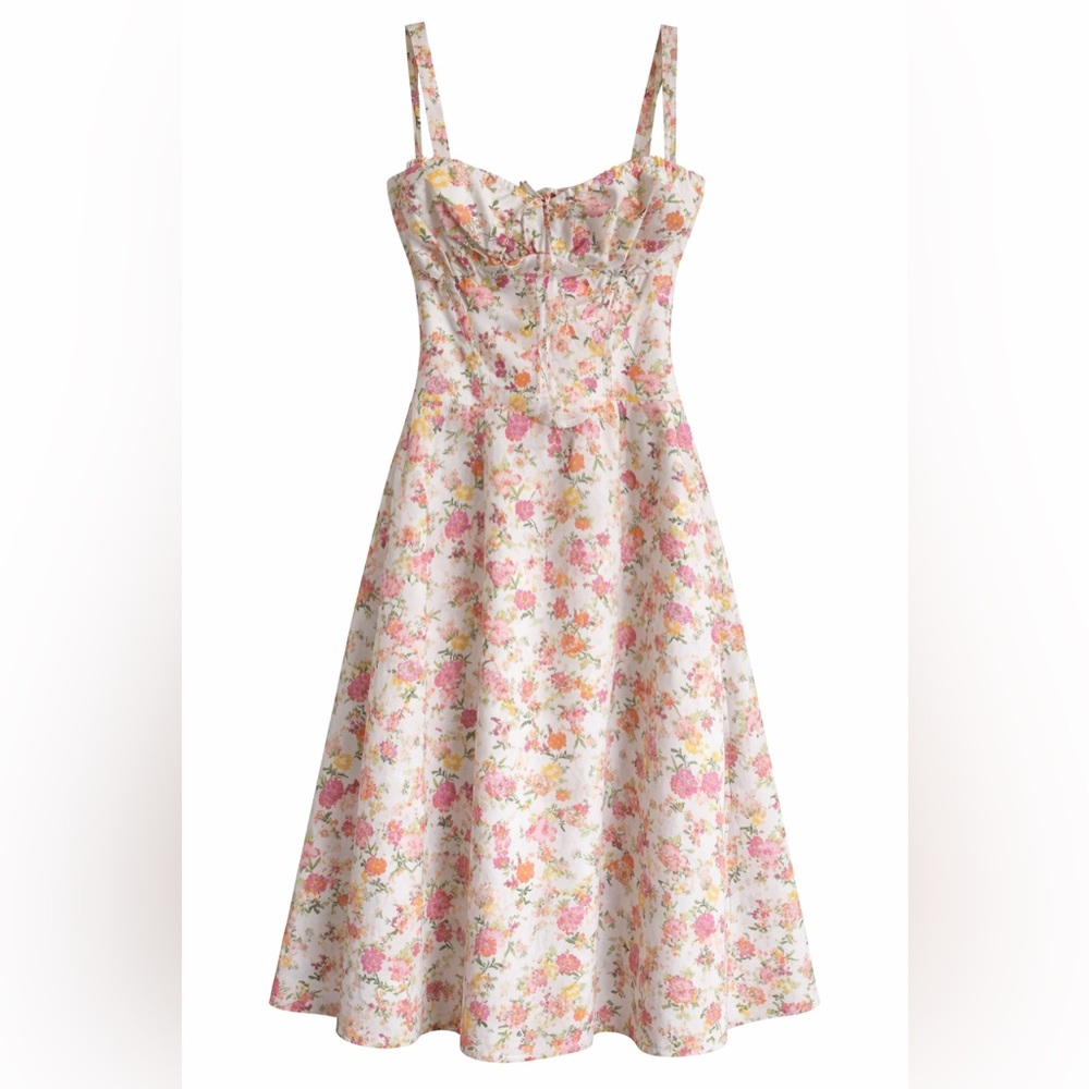 House of CB White Floral Midi Dress with Pink & Yellow Bouquet